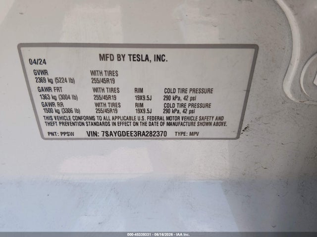 Продаж на аукціоні авто 2024 Tesla Model Y Long Range Dual Motor All-wheel Drive, vin: 7SAYGDEE3RA282370, номер лоту: 45339331