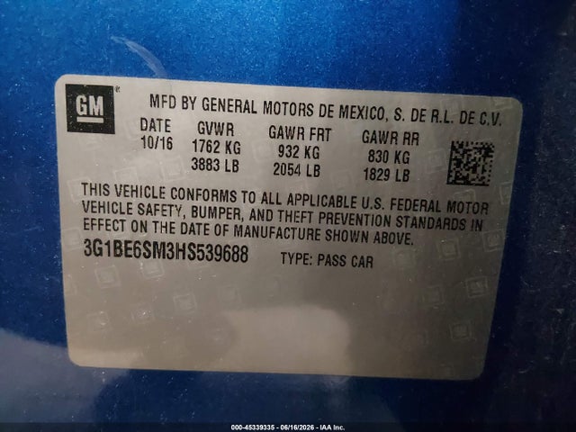Продажа на аукционе авто 2017 Chevrolet Cruze Lt Auto, vin: 3G1BE6SM3HS539688, номер лота: 45339335