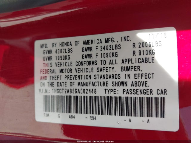 Aukcja sprzedaży 2016 Honda Accord Ex-l V-6, vin: 1HGCT2A85GA002448, numer aukcji: 45339340
