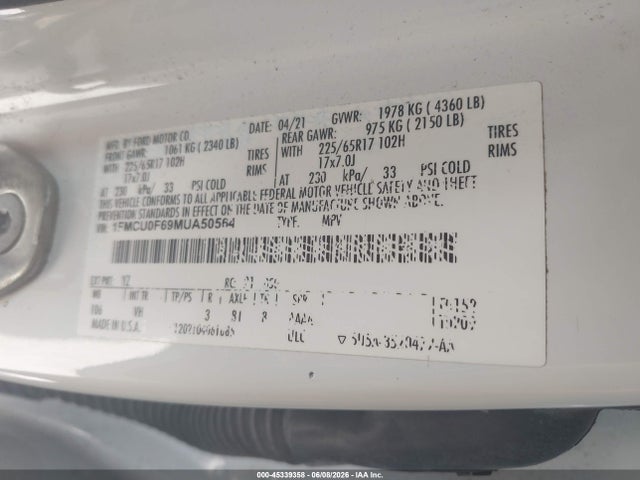 Aukcja sprzedaży 2021 Ford Escape S, vin: 1FMCU0F69MUA50564, numer aukcji: 45339358