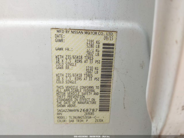 45339365 :رقم المزاد ، 5N1AZ2MH4FN268787 vin ، 2015 Nissan Murano Sl مزاد بيع