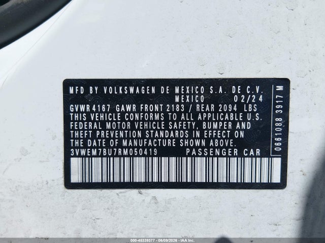 45339377 :رقم المزاد ، 3VWEM7BU7RM050419 vin ، 2024 Volkswagen Jetta 1.5t Se مزاد بيع