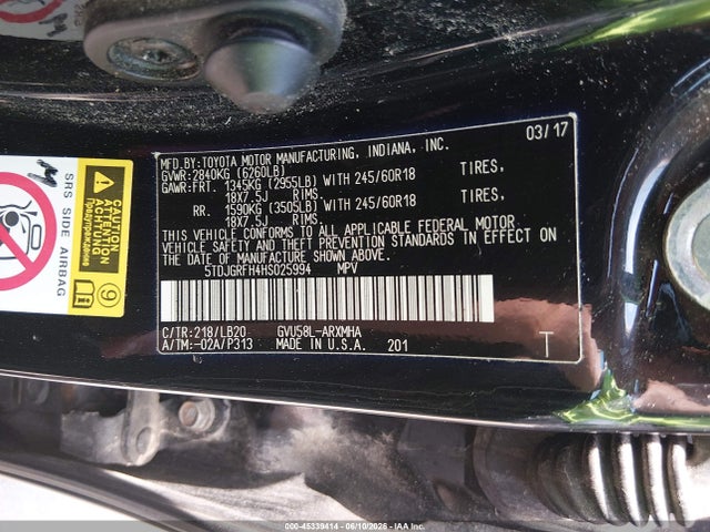 Aukcja sprzedaży 2017 Toyota Highlander Hybrid Xle, vin: 5TDJGRFH4HS025994, numer aukcji: 45339414