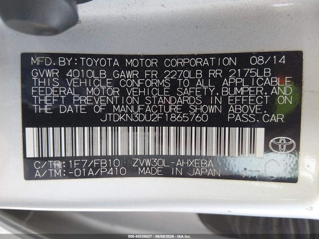 Aukcja sprzedaży 2015 Toyota Prius Two, vin: JTDKN3DU2F1865760, numer aukcji: 45339427