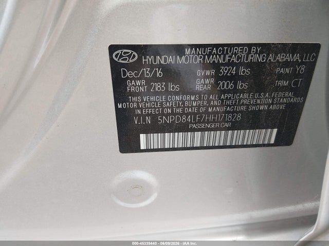 45339440 :رقم المزاد ، 5NPD84LF7HH171828 vin ، 2017 Hyundai Elantra Value Edition مزاد بيع