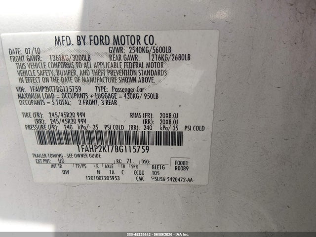 Aukcja sprzedaży 2011 Ford Taurus Sho, vin: 1FAHP2KT7BG115759, numer aukcji: 45339442