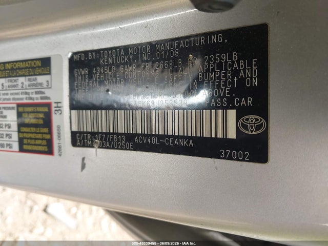 Продаж на аукціоні авто 2008 Toyota Camry Le, vin: 4T1BE46K68U256539, номер лоту: 45339455