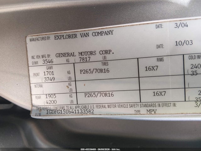 45339469 :رقم المزاد ، 1GDFG15T641133582 vin ، 2004 Gmc Savana Upfitter مزاد بيع