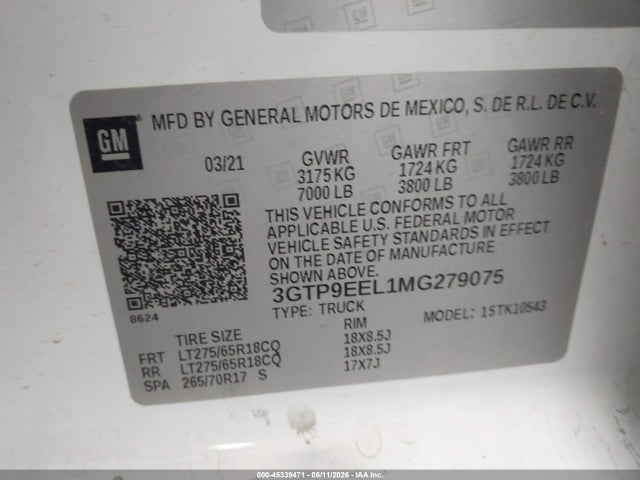 2021 Gmc Sierra 1500 4wd  Short Box At4 მანქანა იყიდება აუქციონზე, vin: 3GTP9EEL1MG279075, აუქციონის ნომერი: 45339471