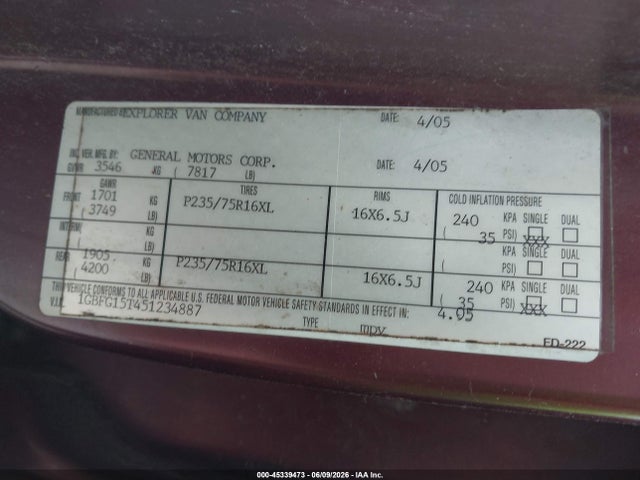 Продаж на аукціоні авто 2005 Chevrolet Express Yf7 Upfitter, vin: 1GBFG15T451234887, номер лоту: 45339473