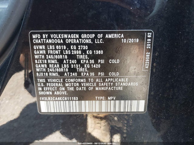 Aukcja sprzedaży 2019 Volkswagen Atlas 3.6l V6 Se, vin: 1V2LR2CA6KC611153, numer aukcji: 45339480