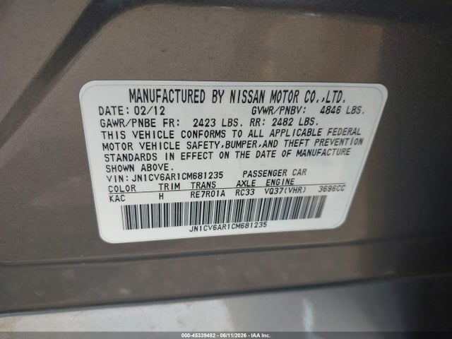 Aukcja sprzedaży 2012 Infiniti G37x, vin: JN1CV6AR1CM681235, numer aukcji: 45339482