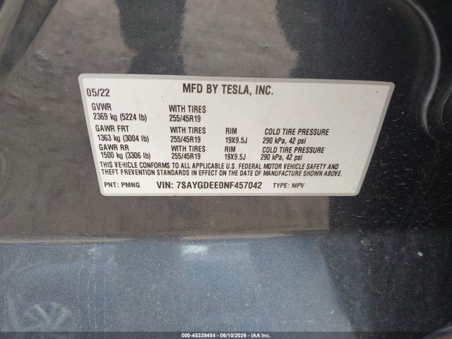 7SAYGDEE0NF457042 Tesla Model Y Long Range Dual Motor All-wheel Drive