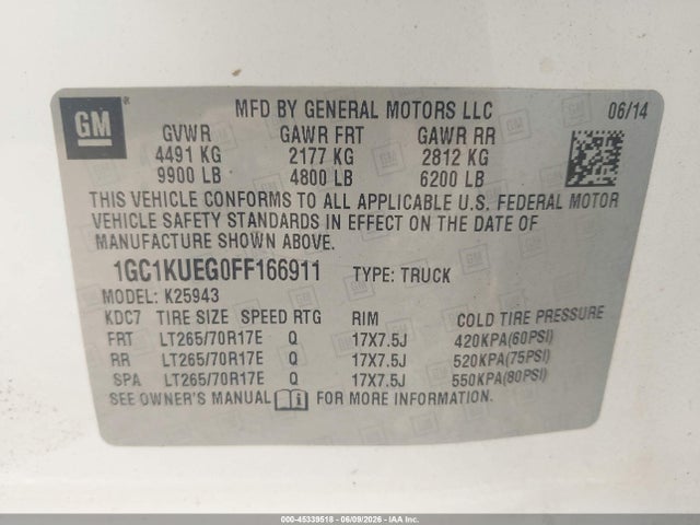 45339518 :رقم المزاد ، 1GC1KUEG0FF166911 vin ، 2015 Chevrolet Silverado 2500hd Work Truck مزاد بيع