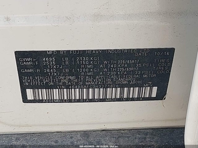 45339520 :رقم المزاد ، 4S4BSAFC3H3271876 vin ، 2017 Subaru Outback 2.5i Premium مزاد بيع