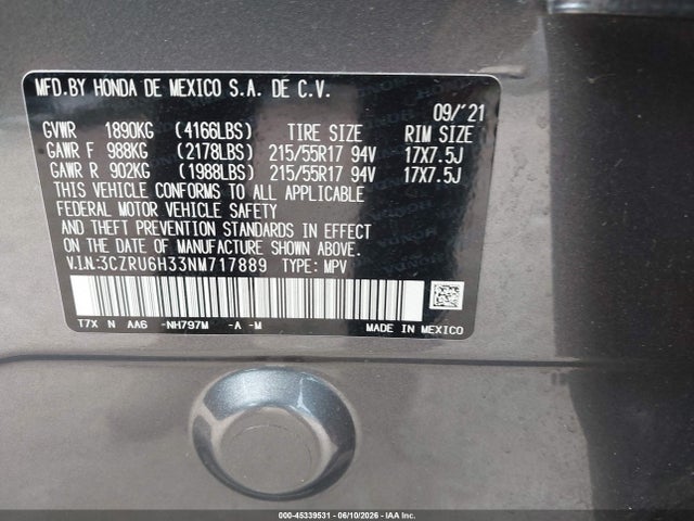 Aukcja sprzedaży 2022 Honda Hr-v Awd Lx, vin: 3CZRU6H33NM717889, numer aukcji: 45339531