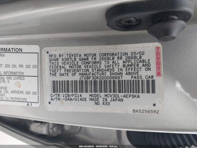 Aukcja sprzedaży 2002 Toyota Camry Se, vin: JTDBF32K220066687, numer aukcji: 45339535