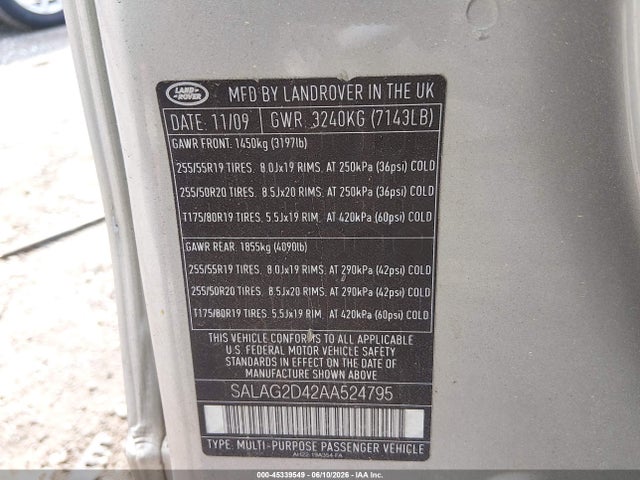 2010 Land Rover Lr4 მანქანა იყიდება აუქციონზე, vin: SALAG2D42AA524795, აუქციონის ნომერი: 45339549