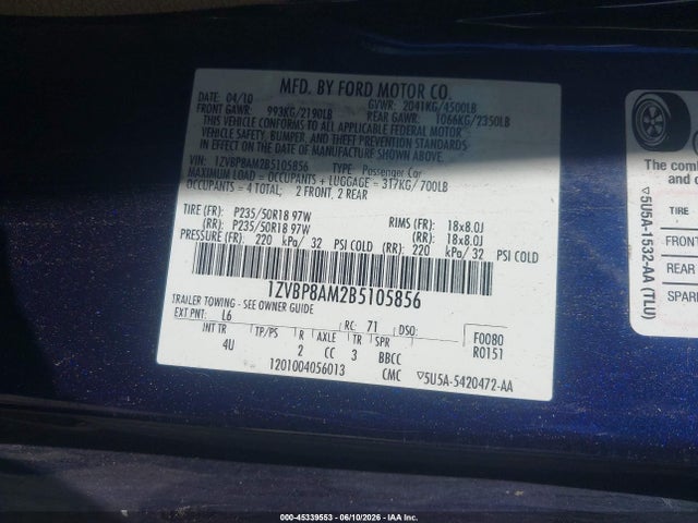 Продажа на аукционе авто 2011 Ford Mustang V6 Premium, vin: 1ZVBP8AM2B5105856, номер лота: 45339553