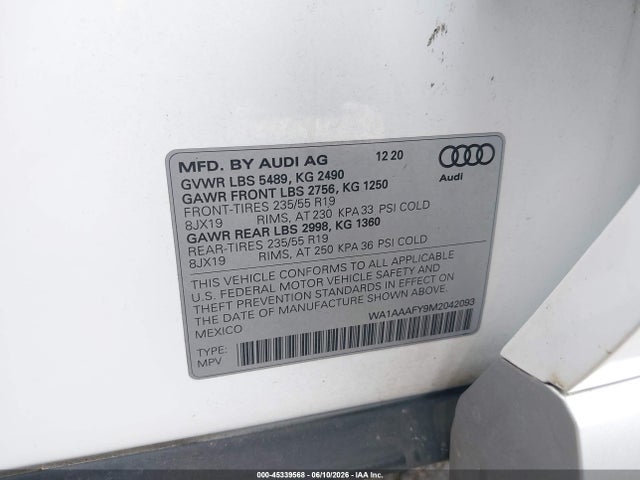 Продажа на аукционе авто 2021 Audi Q5 Premium 45 Tfsi Quattro S Tronic, vin: WA1AAAFY9M2042093, номер лота: 45339568