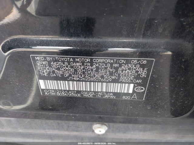 Aukcja sprzedaży 2008 Lexus Is 250, vin: JTHBK262285076629, numer aukcji: 45339575