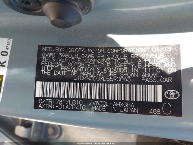 Продажа на аукционе авто 2013 Toyota Prius Five, vin: JTDKN3DUXD5590063, номер лота: 45339581