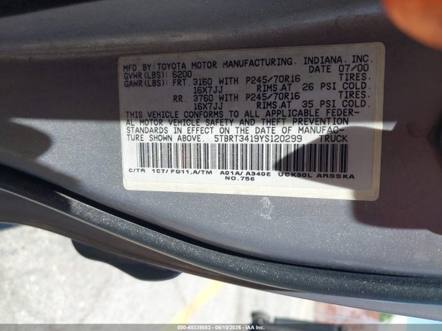 45339583 :رقم المزاد ، 5TBRT3419YS120299 vin ، 2000 Toyota Tundra Sr5 V8 مزاد بيع