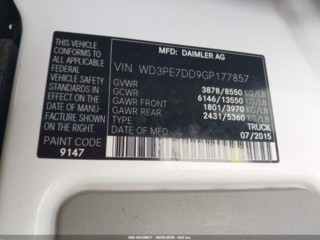 45339631 :رقم المزاد ، WD3PE7DD9GP177857 vin ، 2016 Mercedes-benz Sprinter 2500 Normal Roof مزاد بيع