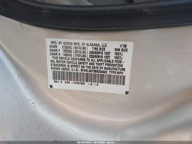 Aukcja sprzedaży 2008 Honda Odyssey Ex-l, vin: 5FNRL38758B034322, numer aukcji: 45339644
