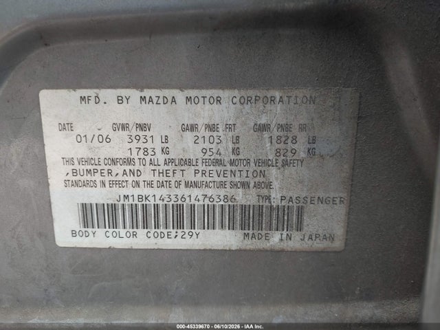 Продажа на аукционе авто 2006 Mazda Mazda3 S, vin: JM1BK143361476386, номер лота: 45339670