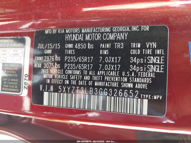 5XYZT3LB3GG326652 Hyundai Santa Fe Sport 2.4l