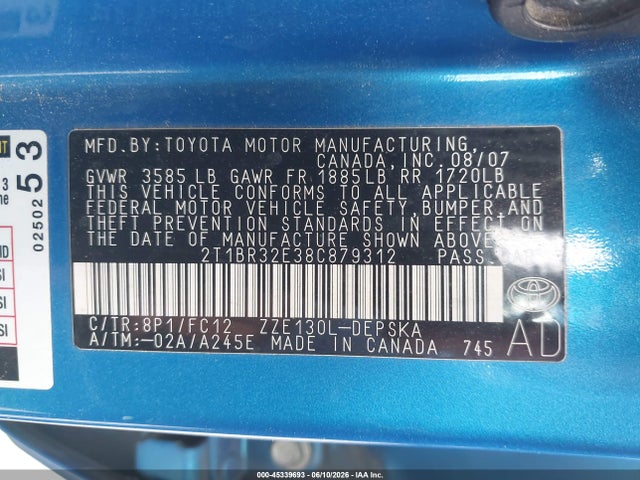 45339693 :رقم المزاد ، 2T1BR32E38C879312 vin ، 2008 Toyota Corolla S مزاد بيع