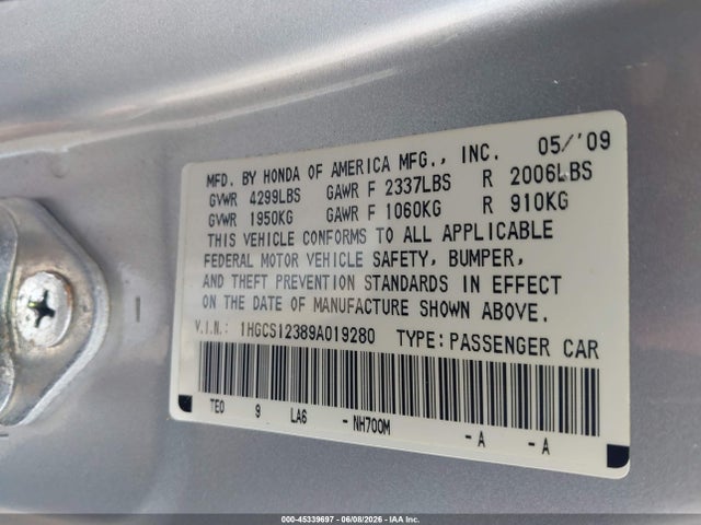 Aukcja sprzedaży 2009 Honda Accord 2.4 Lx-s, vin: 1HGCS12389A019280, numer aukcji: 45339697