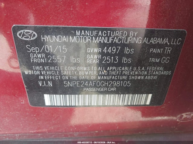 Aukcja sprzedaży 2016 Hyundai Sonata Se, vin: 5NPE24AF0GH298105, numer aukcji: 45339713