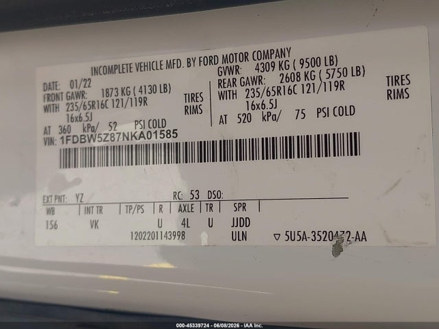 Aukcja sprzedaży 2022 Ford Transit-350 Cab, vin: 1FDBW5Z87NKA01585, numer aukcji: 45339724