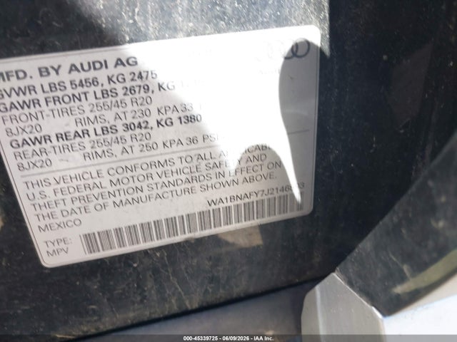 45339725 :رقم المزاد ، WA1BNAFY7J2146893 vin ، 2018 Audi Q5 2.0t Premium/2.0t Tech Premium مزاد بيع