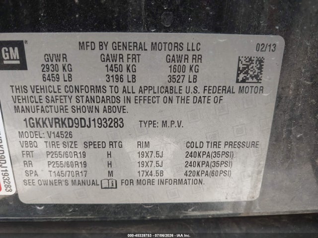 Продаж на аукціоні авто 2013 Gmc Acadia Slt-1, vin: 1GKKVRKD9DJ193283, номер лоту: 45339753