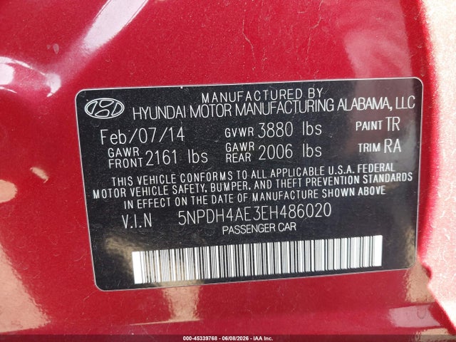 Aukcja sprzedaży 2014 Hyundai Elantra Se, vin: 5NPDH4AE3EH486020, numer aukcji: 45339768