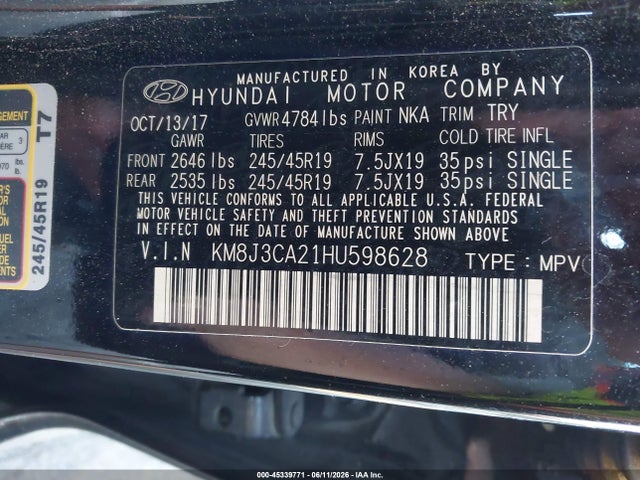 2017 Hyundai Tucson Limited მანქანა იყიდება აუქციონზე, vin: KM8J3CA21HU598628, აუქციონის ნომერი: 45339771