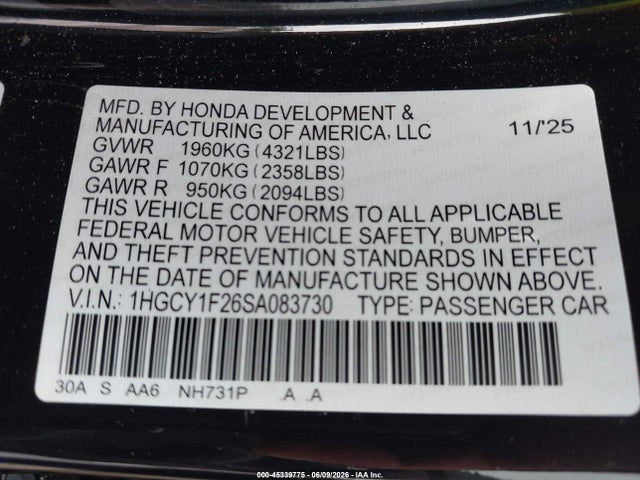 Продаж на аукціоні авто 2025 Honda Accord Lx, vin: 1HGCY1F26SA083730, номер лоту: 45339775