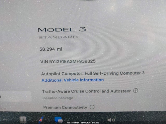 2021 Tesla Model 3 მანქანა იყიდება აუქციონზე, vin: 5YJ3E1EA2MF939325, აუქციონის ნომერი: 45339784