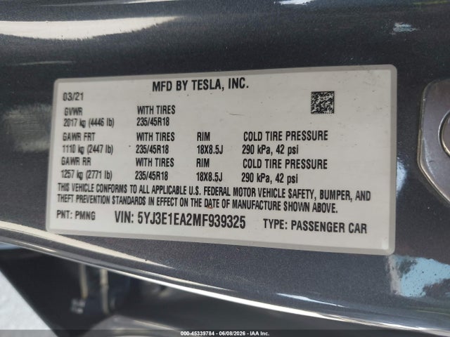 2021 Tesla Model 3 მანქანა იყიდება აუქციონზე, vin: 5YJ3E1EA2MF939325, აუქციონის ნომერი: 45339784