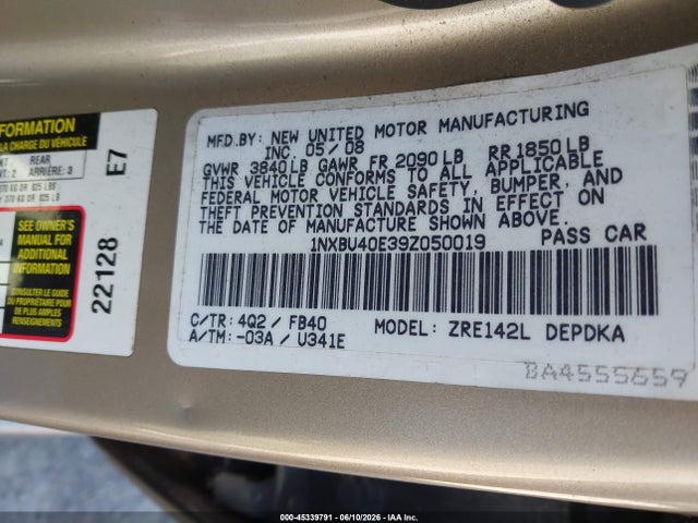 Aukcja sprzedaży 2009 Toyota Corolla Le, vin: 1NXBU40E39Z050019, numer aukcji: 45339791