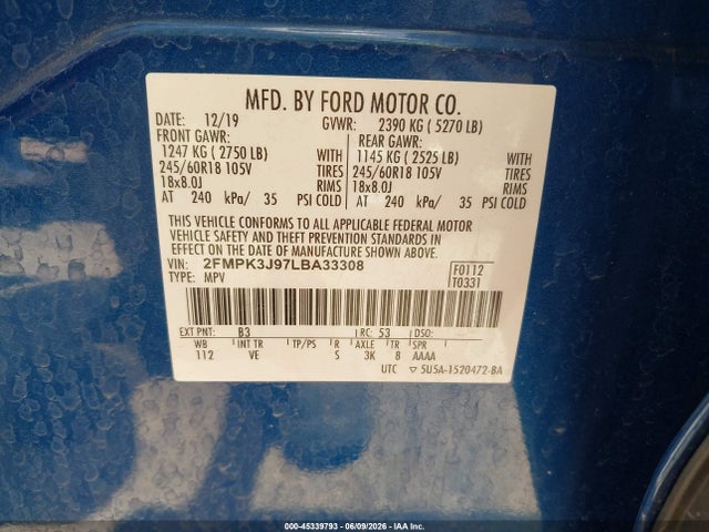 Aukcja sprzedaży 2020 Ford Edge Sel, vin: 2FMPK3J97LBA33308, numer aukcji: 45339793