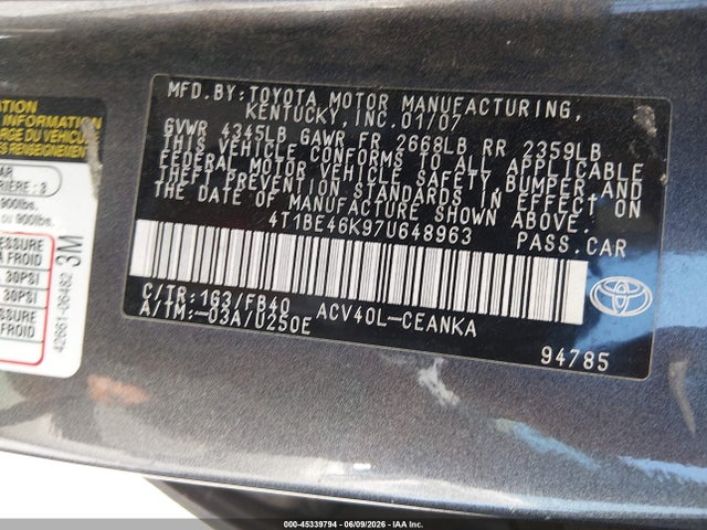Продаж на аукціоні авто 2007 Toyota Camry Le, vin: 4T1BE46K97U648963, номер лоту: 45339794