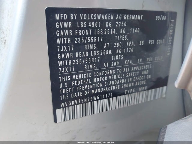45339807 :رقم المزاد ، WVGBV75N29W514171 vin ، 2009 Volkswagen Tiguan Se مزاد بيع