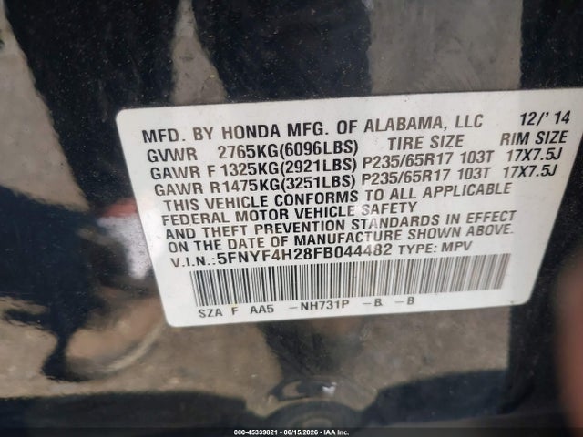 Honda PILOT LX 2015 5FNYF4H28FB044482 Image 9