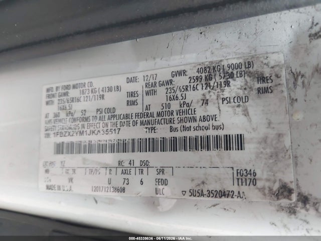 45339836 :رقم المزاد ، 1FBZX2YM1JKA35517 vin ، 2018 Ford Transit-350 Xl مزاد بيع