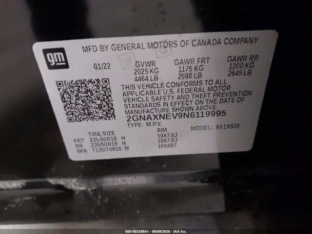 Продажа на аукционе авто 2022 Chevrolet Equinox Fwd Premier, vin: 2GNAXNEV9N6119995, номер лота: 45339841