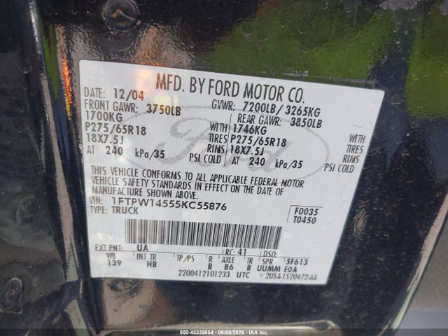 Продажа на аукционе авто 2005 Ford F-150 Fx4/lariat/xlt, vin: 1FTPW14555KC55876, номер лота: 45339854